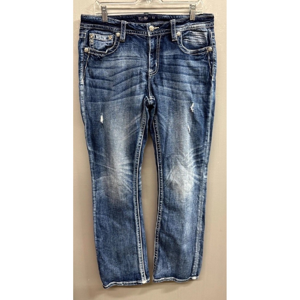 Miss Me Bootcut Jeans Womens 32 Blue Denim Rhinestone Cross Designs Mid-Rise